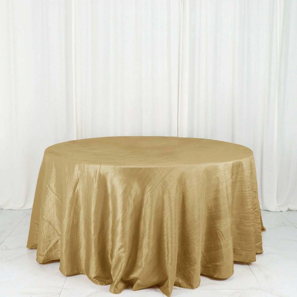 Gold Accordion Crinkle Taffeta Seamless Round Tablecloth 132″ for 6 Foot Table With Floor-Length Drop  |   Pintuck, Crinkle & Leaf Pintuck, Crinkle & Leaf Gold