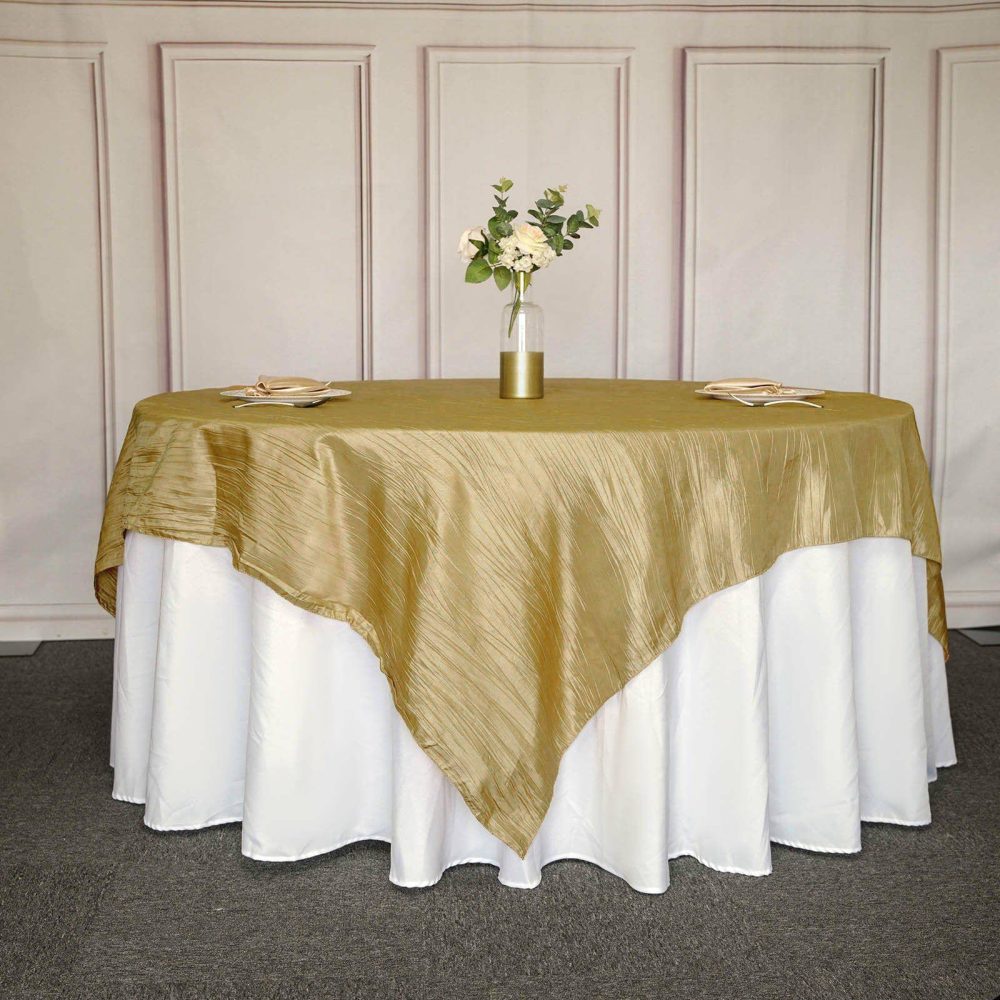 Gold Accordion Crinkle Taffeta Square Table Overlay 90″x90″  |   Satin & Taffeta Satin & Taffeta Gold