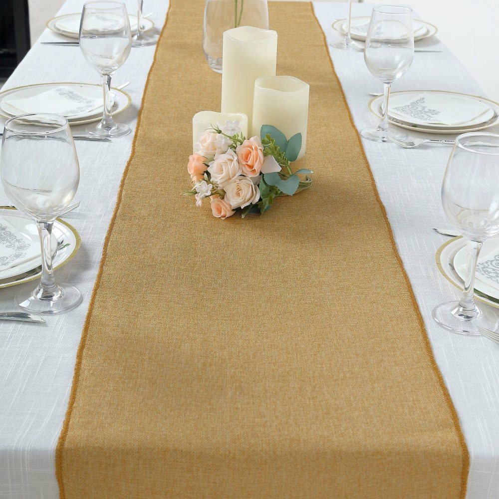 Gold Boho Chic Rustic Faux Jute Linen Table Runner 14″x108″  |   Jute Burlap & Lace Jute Burlap & Lace Gold