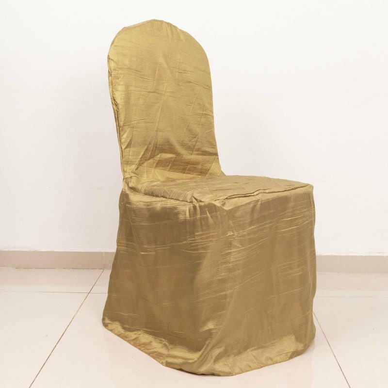 Gold Crinkle Crushed Taffeta Banquet Chair Cover, Reusable Wedding Chair Cover  |   Polyester & Satin Banquet Chair Covers Gold