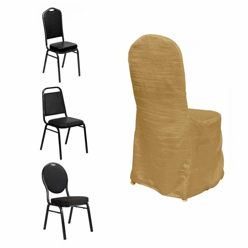 Gold Crinkle Crushed Taffeta Banquet Chair Cover, Reusable Wedding Chair Cover  |   Polyester & Satin Banquet Chair Covers Gold