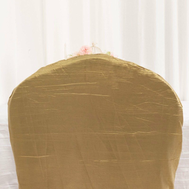 Gold Crinkle Crushed Taffeta Banquet Chair Cover, Reusable Wedding Chair Cover  |   Polyester & Satin Banquet Chair Covers Gold