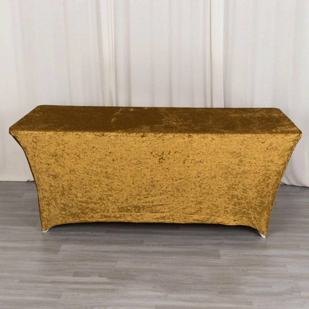 Gold Crushed Velvet Stretch Fitted Rectangular Table Cover 6ft  |   Spandex & Fitted Spandex & Fitted Gold