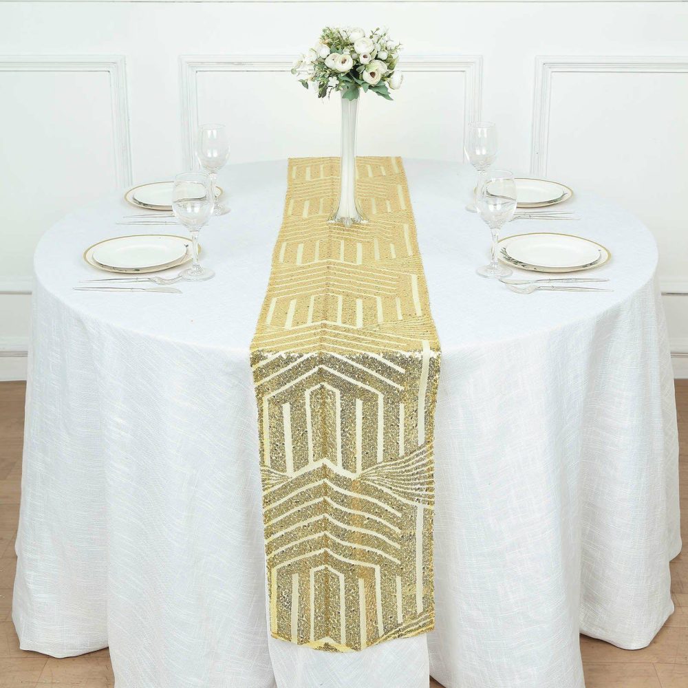 Gold Diamond Glitz Sequin Table Runner 12″x108″  |   Sequin Sequin Gold