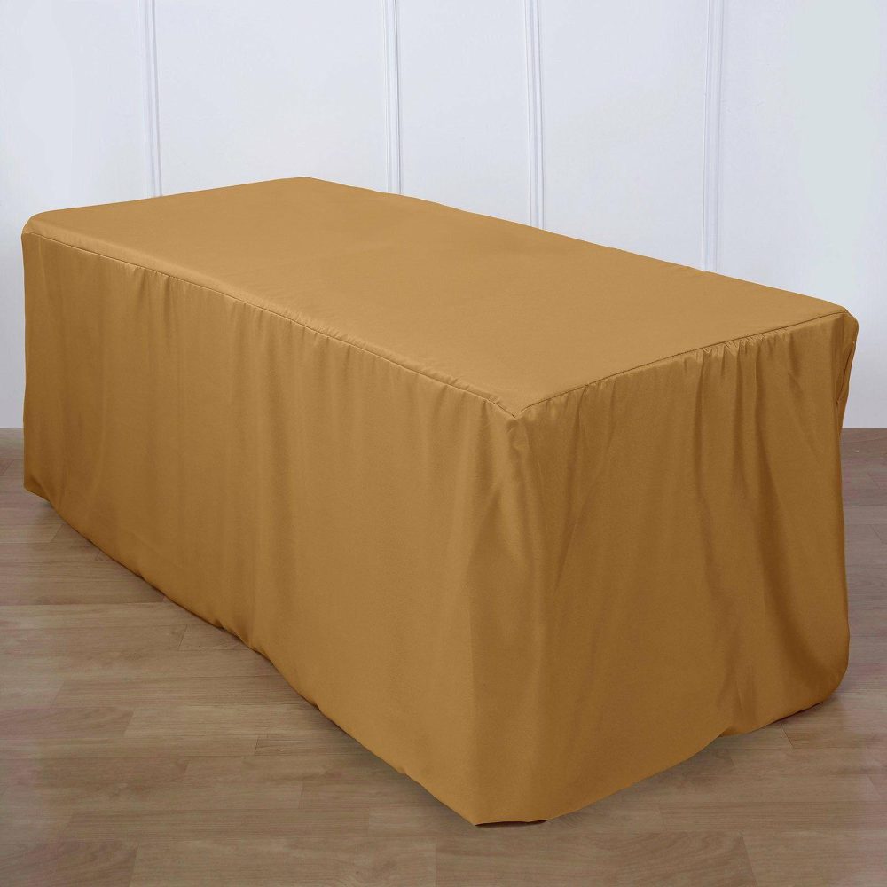 Gold Fitted Polyester Rectangle Tablecloth 6ft Table Cover For 72″x30″ Tables  |   Spandex & Fitted Spandex & Fitted Gold