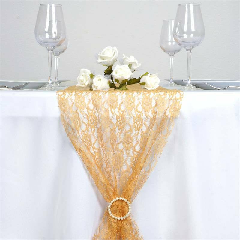 Gold Floral Lace Table Runner 12″x108″  |   Jute Burlap & Lace Jute Burlap & Lace Gold