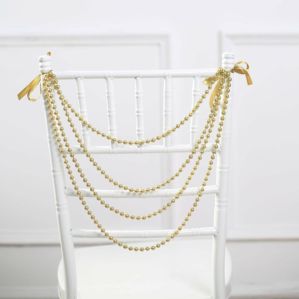 Gold Gatsby Faux Pearl Beaded Wedding Chair Back Garland Sash, Pre-Tied Pearl String Chiavari Chair Decor 16″  |   Stylish Chair Sashes Gold