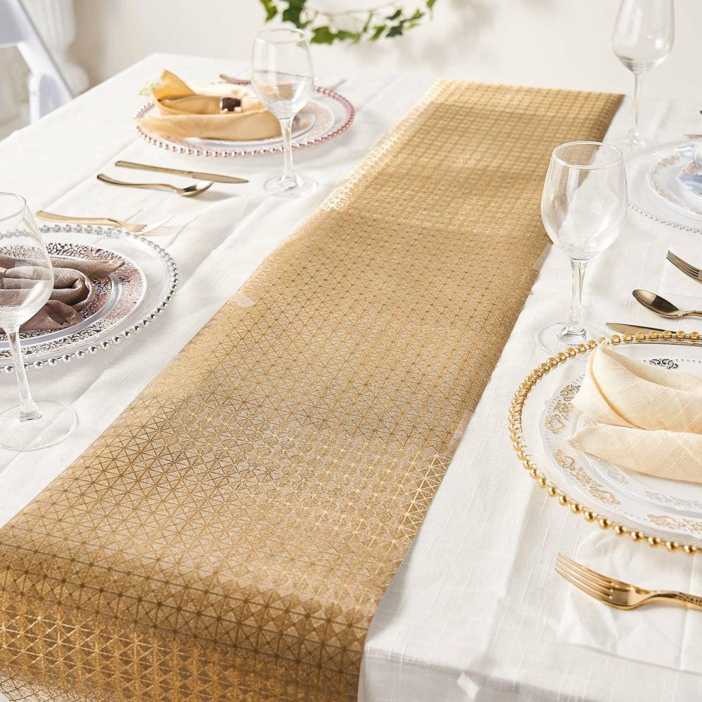 Gold Glamorous Geometric Print Table Runner, Disposable Paper Table Runner 9ft  |   Stylish Stylish Gold