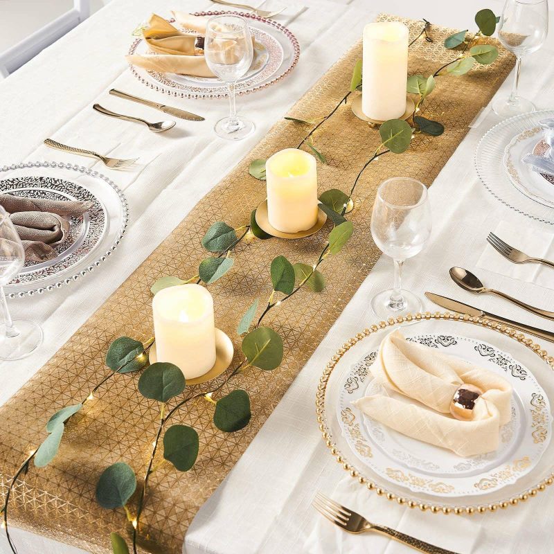 Gold Glamorous Geometric Print Table Runner, Disposable Paper Table Runner 9ft  |   Stylish Stylish Gold