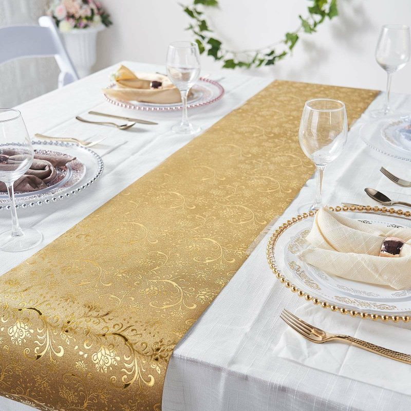 Gold Glamorous Vintage Floral Table Runner, Disposable Paper Table Runner 9ft  |   Stylish Stylish Gold