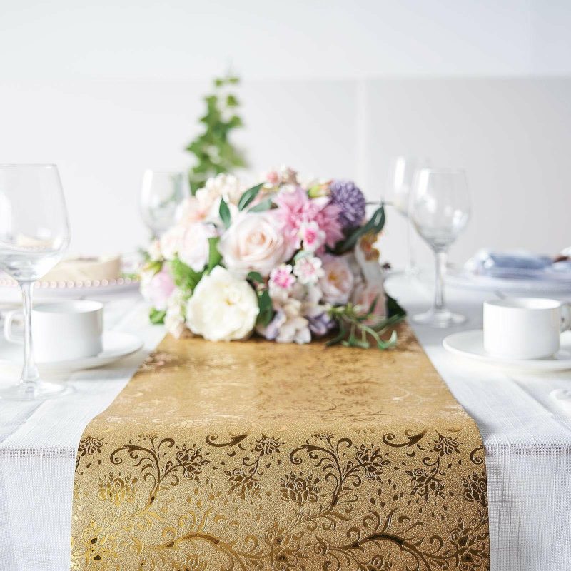 Gold Glamorous Vintage Floral Table Runner, Disposable Paper Table Runner 9ft  |   Stylish Stylish Gold