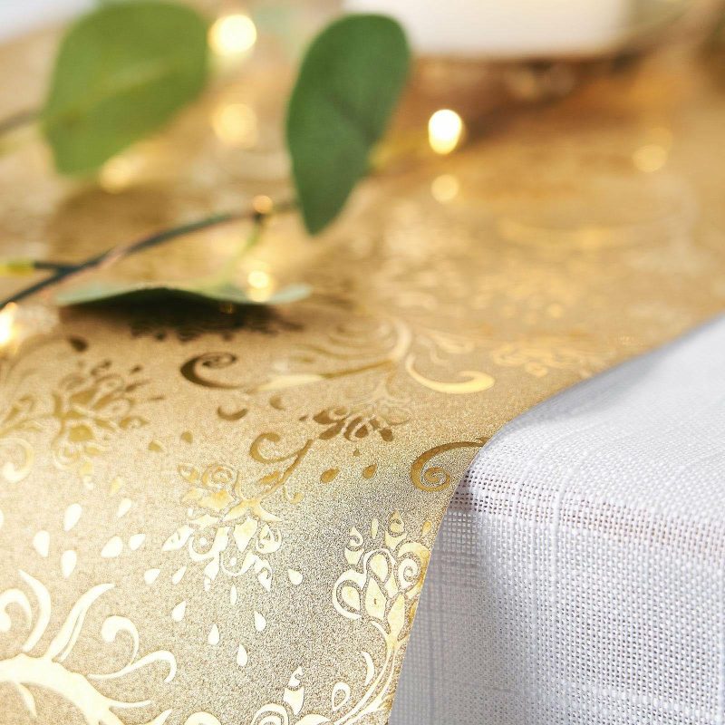 Gold Glamorous Vintage Floral Table Runner, Disposable Paper Table Runner 9ft  |   Stylish Stylish Gold