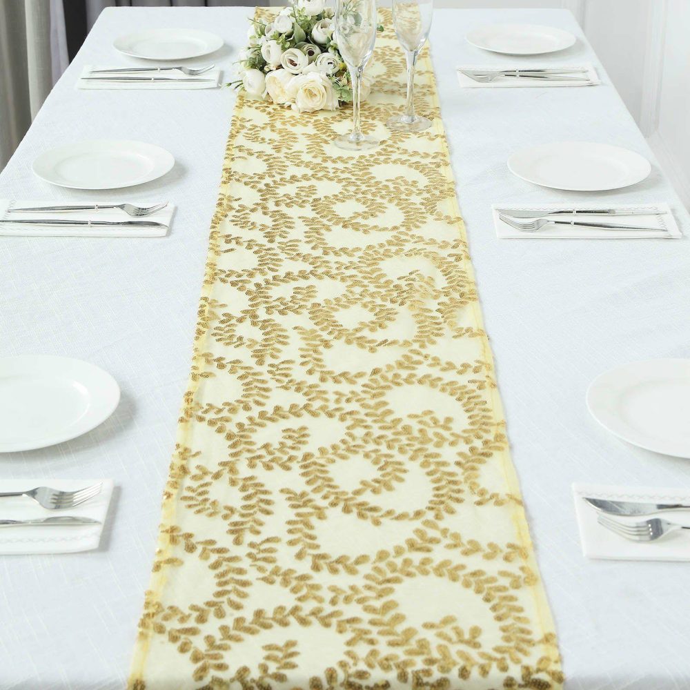 Gold Leaf Vine Embroidered Sequin Mesh Like Table Runner 12″x108″  |   Sequin Sequin Gold