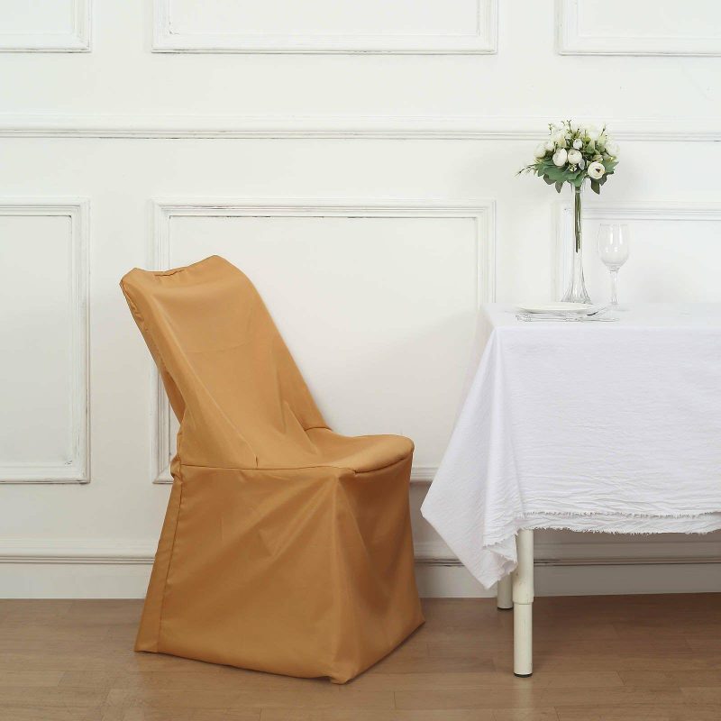 Gold Lifetime Polyester Reusable Folding Chair Cover, Durable Slip On Chair Cover  |   Polyester & Satin Folding Chair Covers Gold