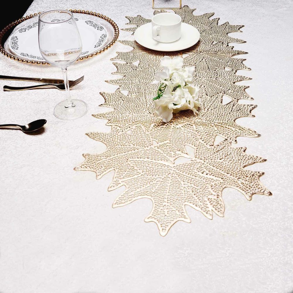 Gold Maple Leaf Vinyl Table Runner, Non Slip Dining Table Placemats 14″x3ft  |   Stylish Stylish Gold