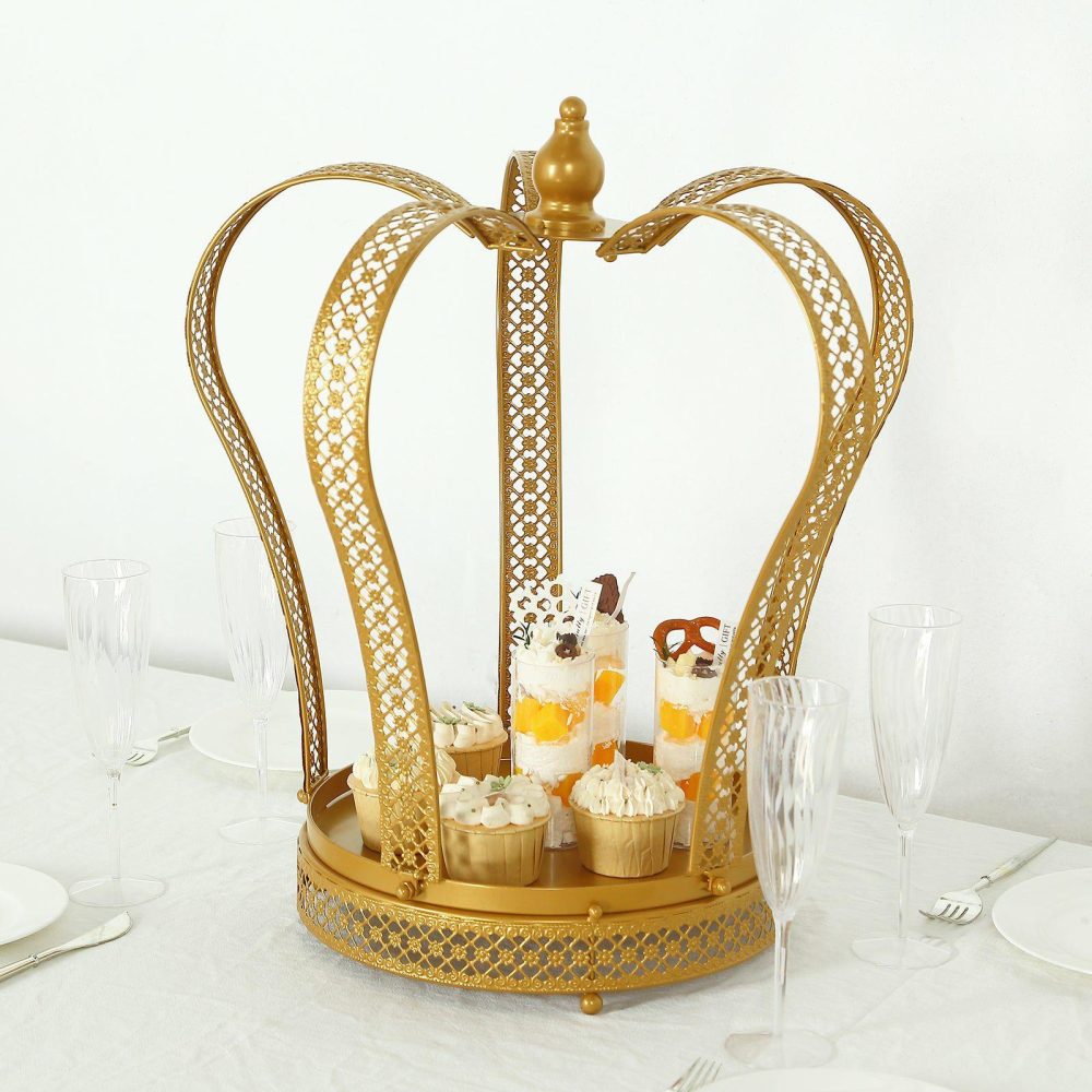 Gold Metal Crown Cupcake Dessert Display Stand, Princess Tiara Wedding Cake Stand – 19″  |   Servingwares Disposable Plates Servingwares