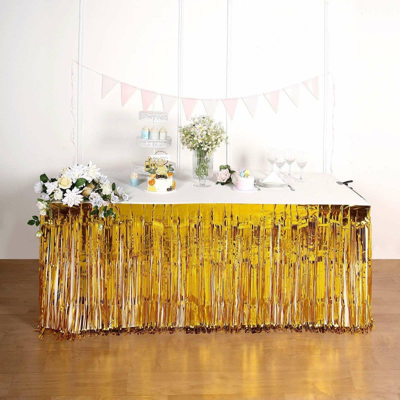 Gold Metallic Foil Fringe Table Skirt, Self Adhesive Tinsel Table Skirt 30″x9ft  |   Disposable Tablecloth Disposable Tablecloth Disposable Tablecloth