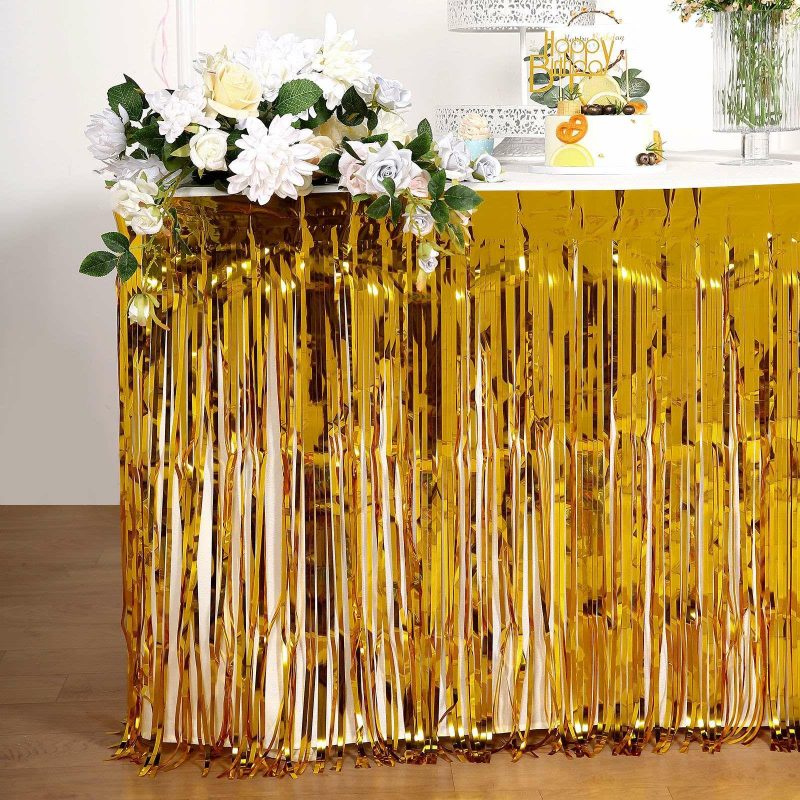 Gold Metallic Foil Fringe Table Skirt, Self Adhesive Tinsel Table Skirt 30″x9ft  |   Disposable Tablecloth Disposable Tablecloth Disposable Tablecloth