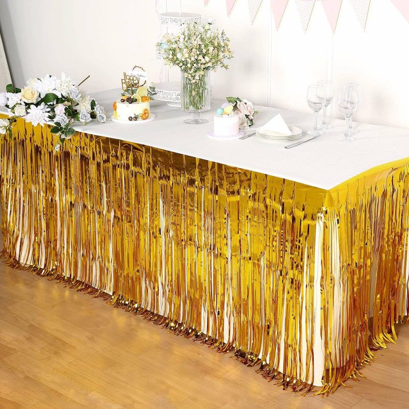 Gold Metallic Foil Fringe Table Skirt, Self Adhesive Tinsel Table Skirt 30″x9ft  |   Disposable Tablecloth Disposable Tablecloth Disposable Tablecloth