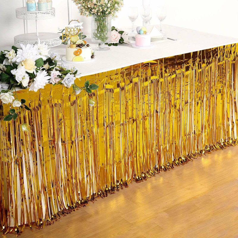 Gold Metallic Foil Fringe Table Skirt, Self Adhesive Tinsel Table Skirt 30″x9ft  |   Disposable Tablecloth Disposable Tablecloth Disposable Tablecloth