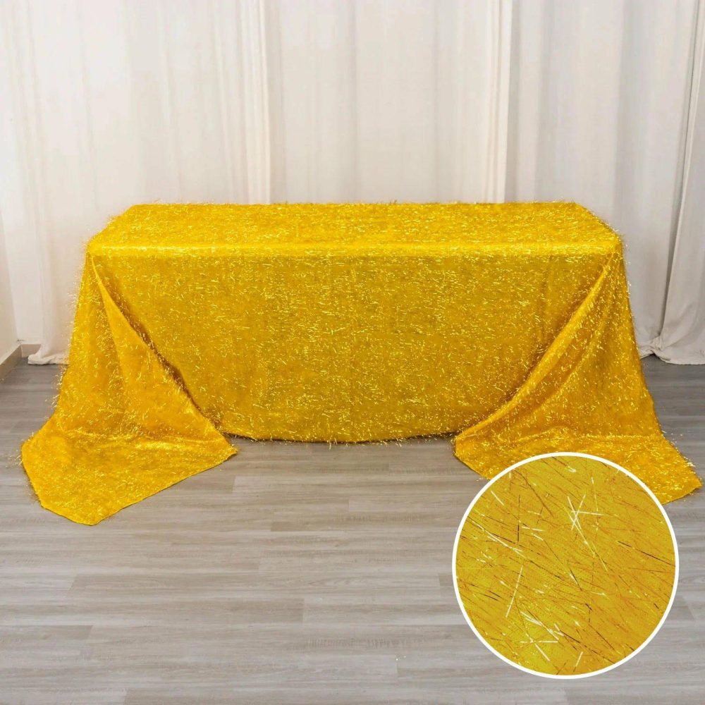 Gold Metallic Fringe Shag Tinsel Rectangle Polyester Tablecloth 90″x156″ for 8 Foot Table With Floor-Length Drop  |   Sparkly Shimmer Sparkly Shimmer Gold