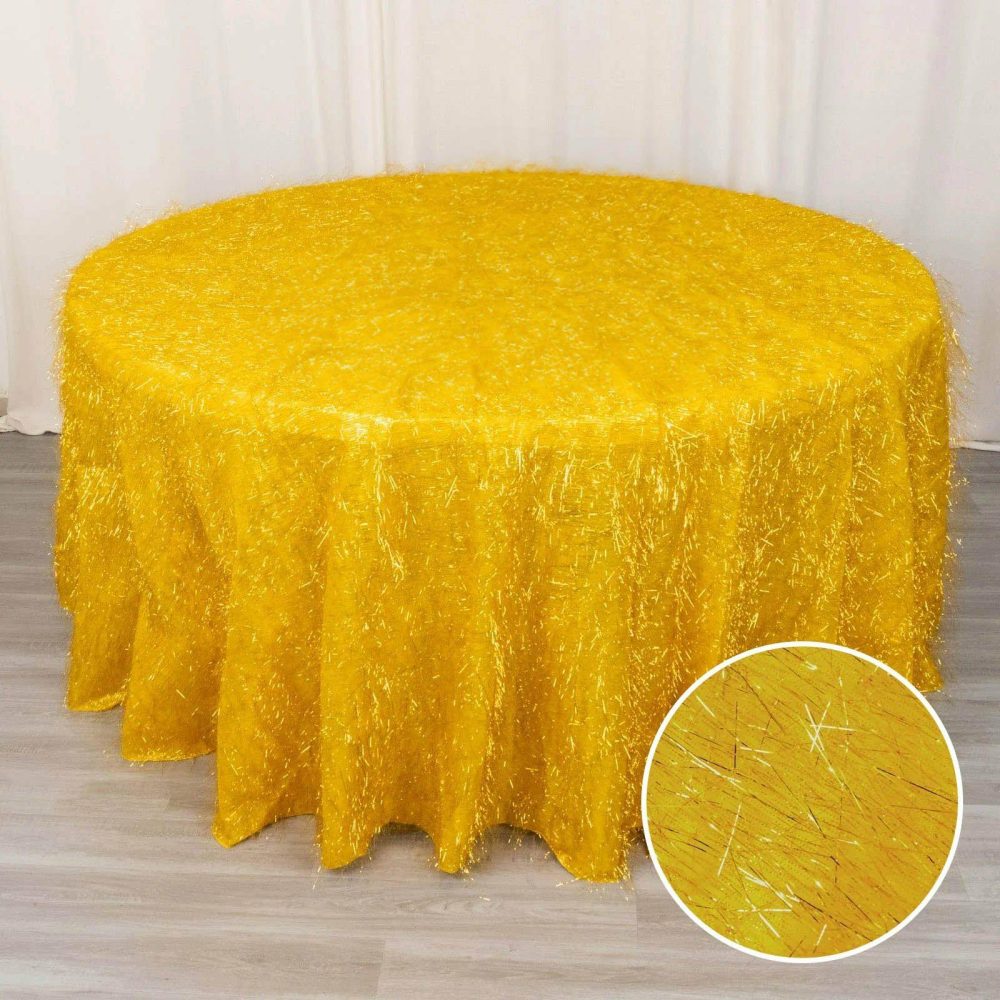 Gold Metallic Fringe Shag Tinsel Round Polyester Tablecloth 120″ for 5 Foot Table With Floor-Length Drop  |   Sparkly Shimmer Sparkly Shimmer Gold