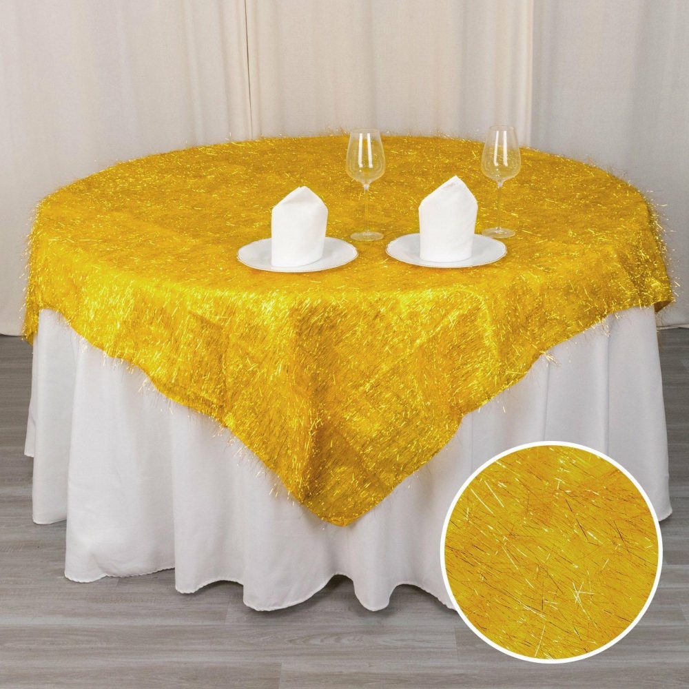 Gold Metallic Fringe Shag Tinsel Square Polyester Table Overlay 72″  |   Sparkly Shimmer Sparkly Shimmer Gold