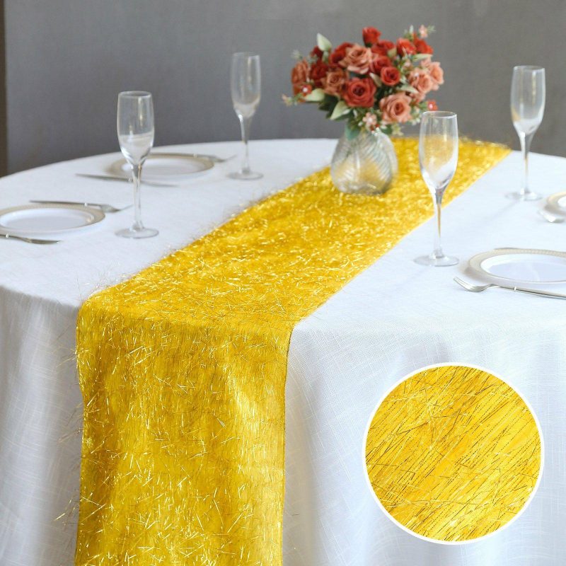 Gold Metallic Fringe Shag Tinsel Table Runner, Shimmery Polyester Table Runner 12″x108″  |   Stylish Stylish Gold