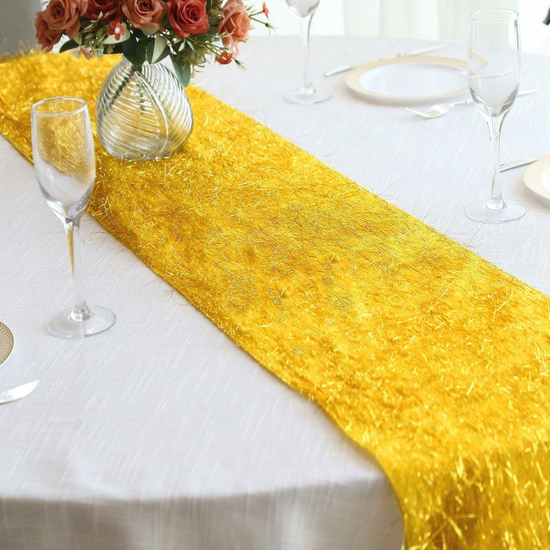 Gold Metallic Fringe Shag Tinsel Table Runner, Shimmery Polyester Table Runner 12″x108″  |   Stylish Stylish Gold