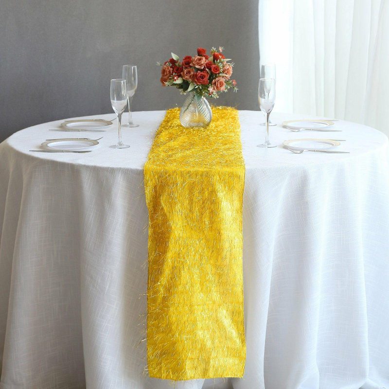 Gold Metallic Fringe Shag Tinsel Table Runner, Shimmery Polyester Table Runner 12″x108″  |   Stylish Stylish Gold