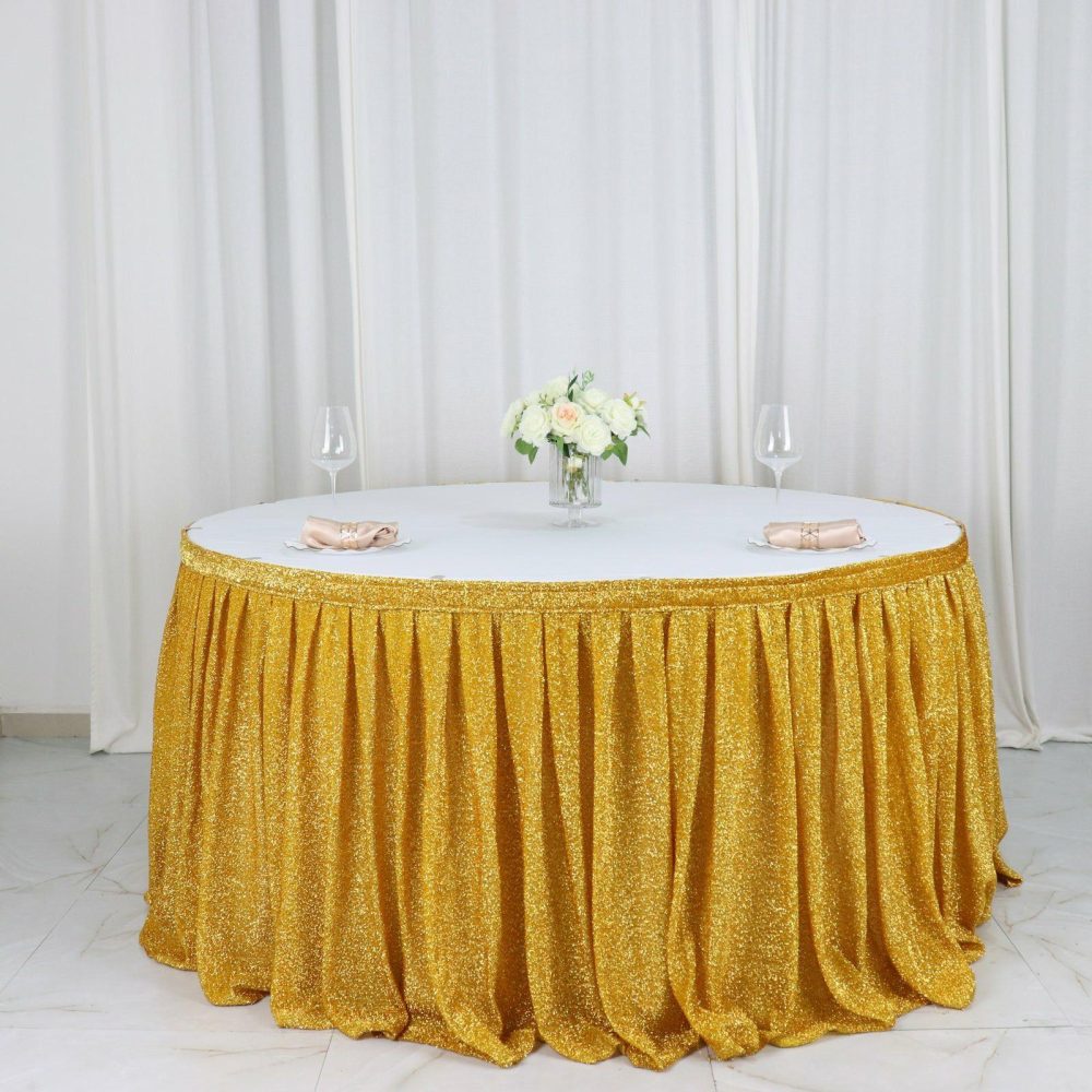 Gold Metallic Shimmer Tinsel Spandex Pleated Table Skirt with Top Velcro Strip 17ft  |   Satin Shimmer Satin Shimmer Gold