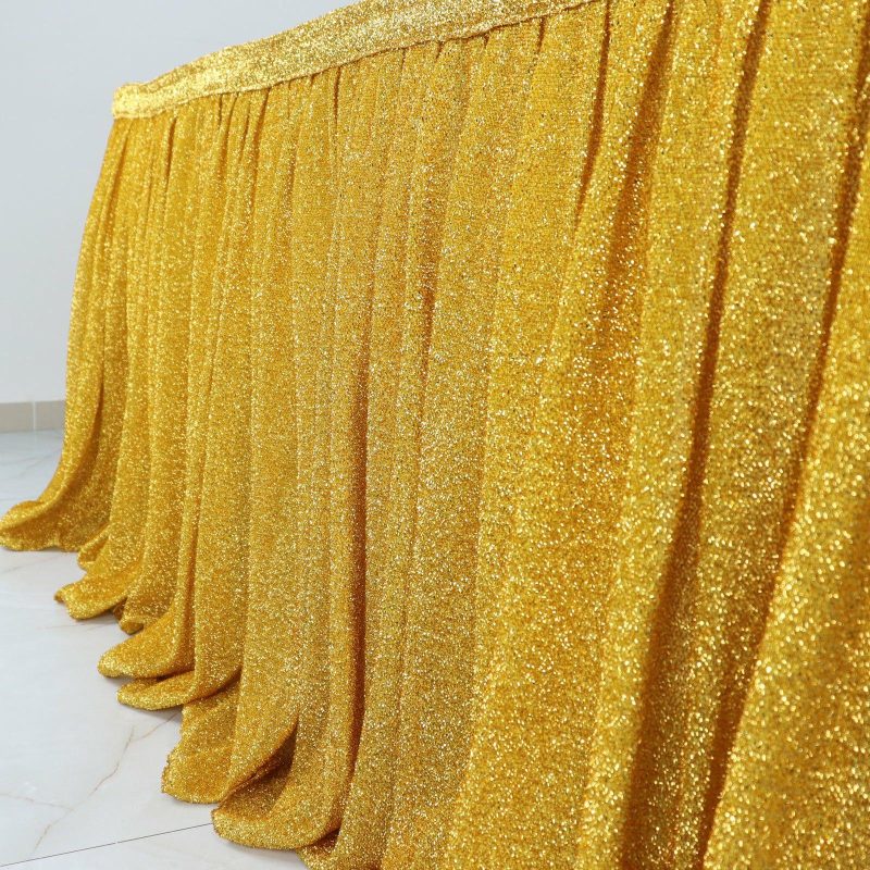 Gold Metallic Shimmer Tinsel Spandex Pleated Table Skirt with Top Velcro Strip 17ft  |   Satin Shimmer Satin Shimmer Gold