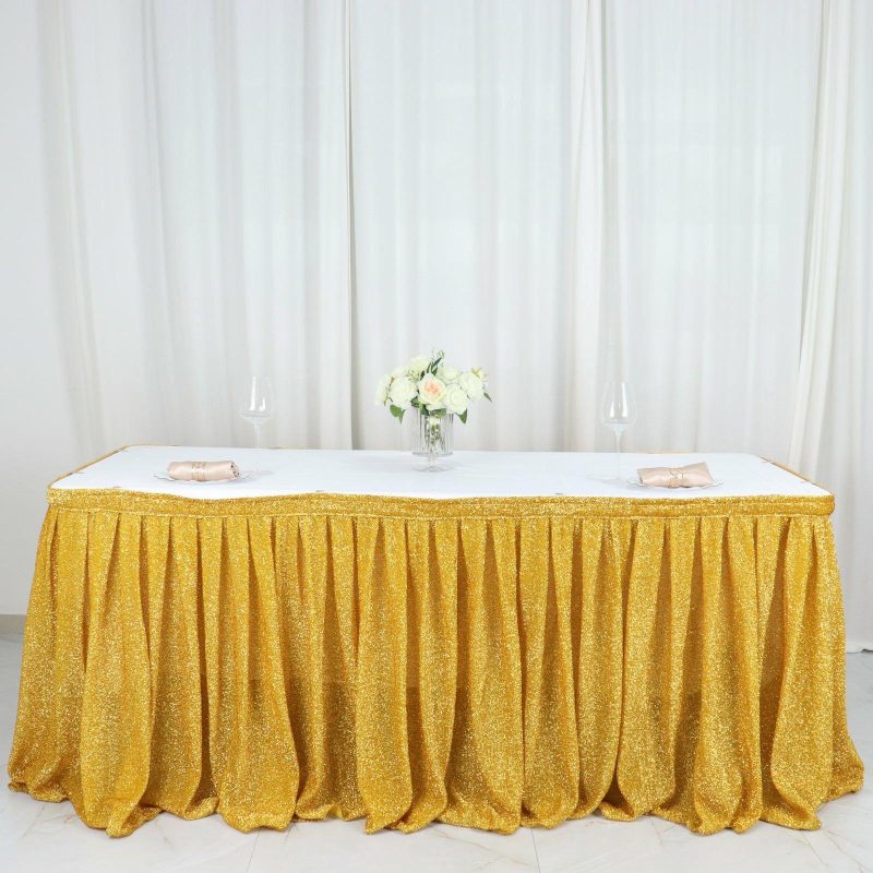 Gold Metallic Shimmer Tinsel Spandex Pleated Table Skirt with Top Velcro Strip 17ft  |   Satin Shimmer Satin Shimmer Gold