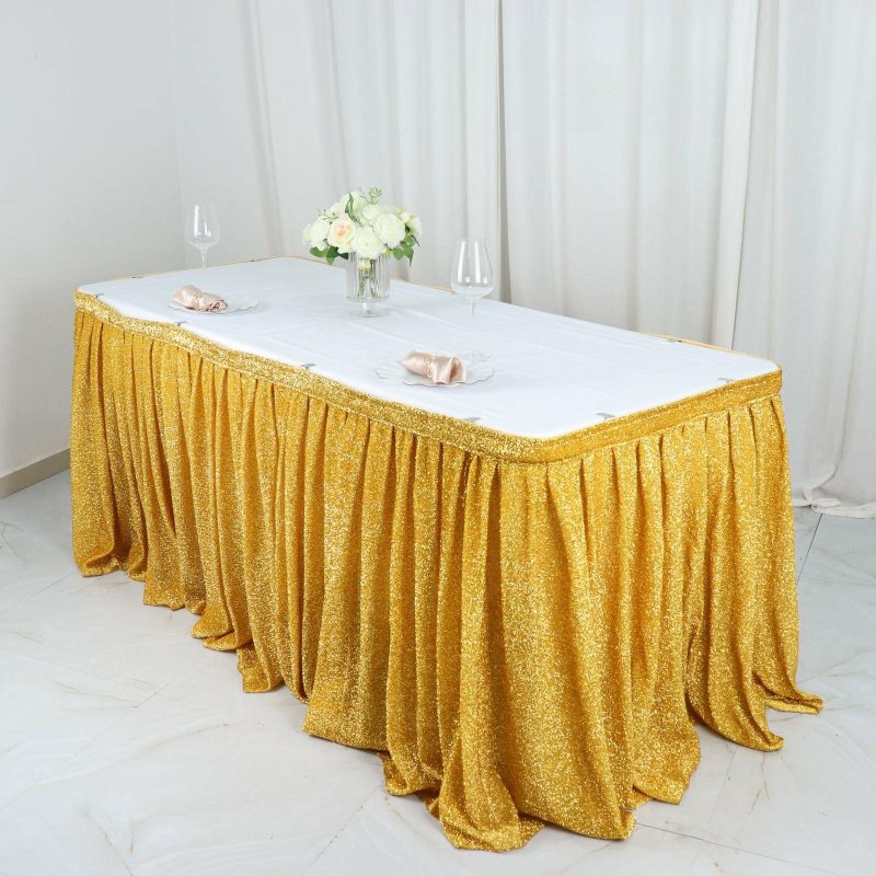 Gold Metallic Shimmer Tinsel Spandex Pleated Table Skirt with Top Velcro Strip 17ft  |   Satin Shimmer Satin Shimmer Gold