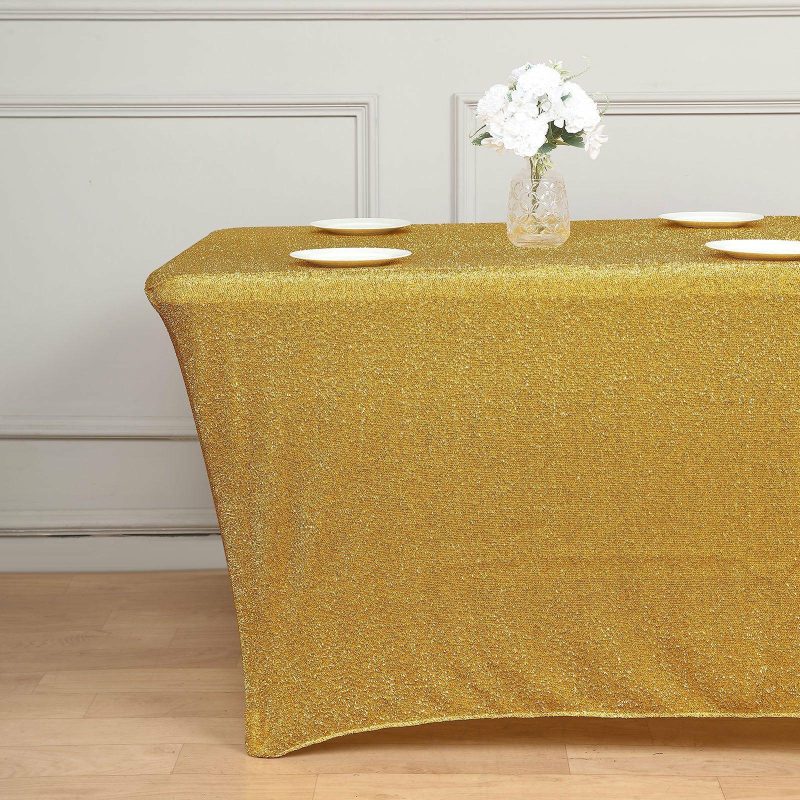 Gold Metallic Shimmer Tinsel Spandex Tablecloth 6ft Rectangle Fitted Table Cover for 72″x30″ Tables  |   Spandex & Fitted Spandex & Fitted Gold