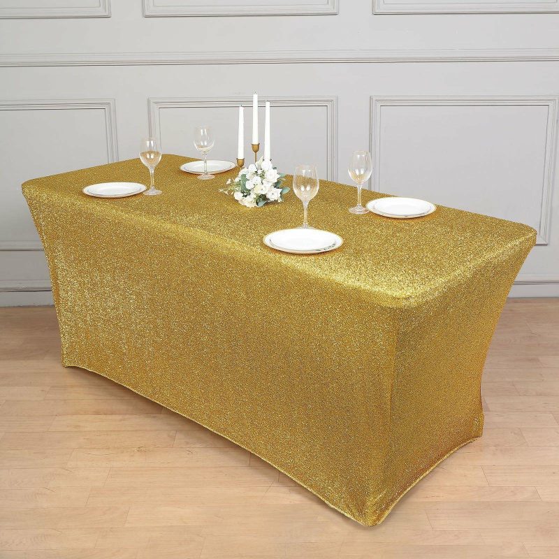 Gold Metallic Shimmer Tinsel Spandex Tablecloth 6ft Rectangle Fitted Table Cover for 72″x30″ Tables  |   Spandex & Fitted Spandex & Fitted Gold