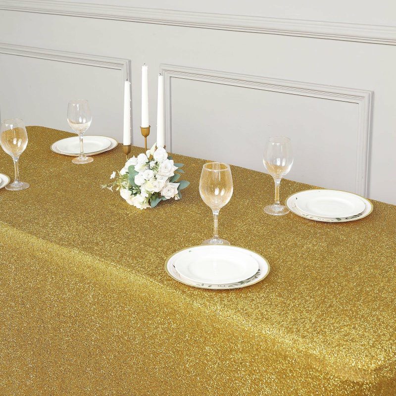 Gold Metallic Shimmer Tinsel Spandex Tablecloth 6ft Rectangle Fitted Table Cover for 72″x30″ Tables  |   Spandex & Fitted Spandex & Fitted Gold