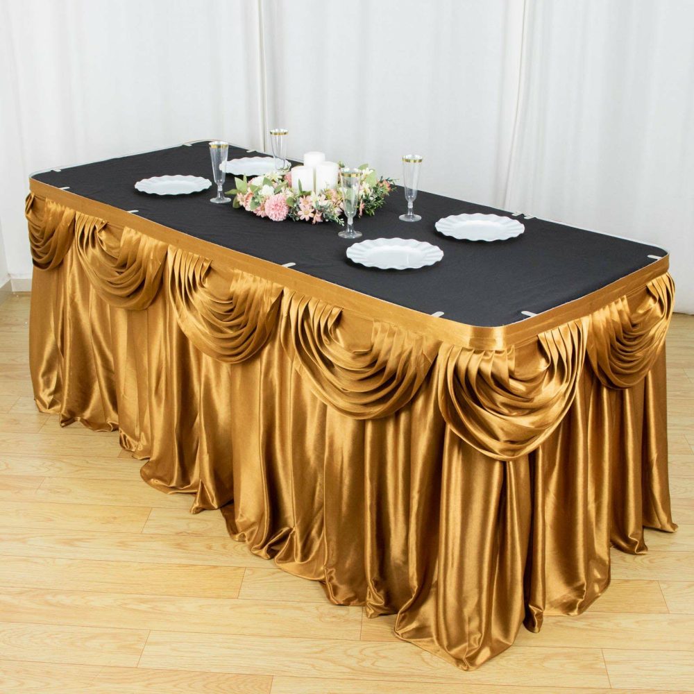 Gold Pleated Satin Double Drape Table Skirt 14ft  |   Satin Shimmer Satin Shimmer Gold