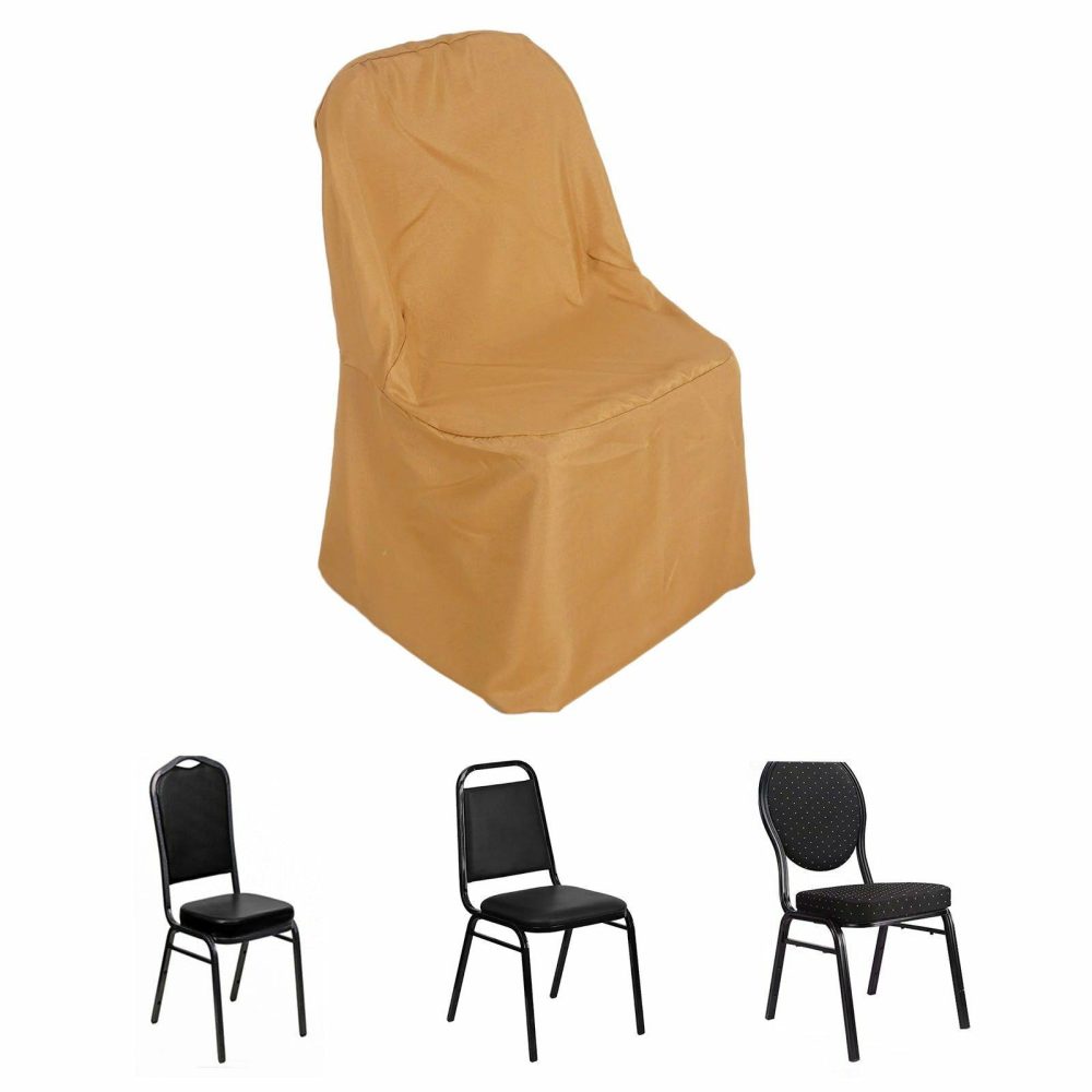 Gold Polyester Banquet Chair Cover, Reusable Stain Resistant Slip On Chair Cover  |   Polyester & Satin Banquet Chair Covers Gold