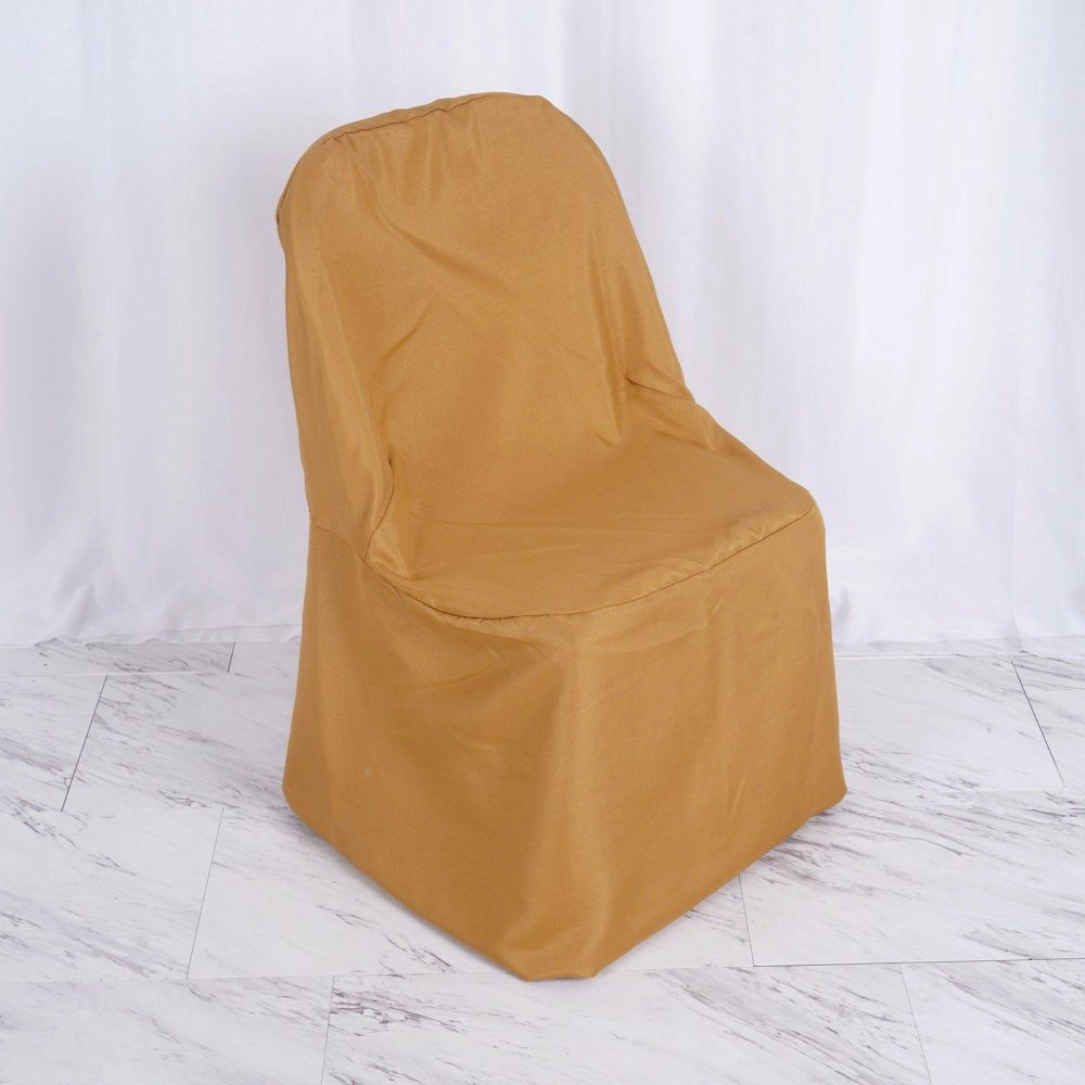 Gold Polyester Folding Chair Cover, Reusable Stain Resistant Slip On Chair Cover  |   Polyester & Satin Folding Chair Covers Gold