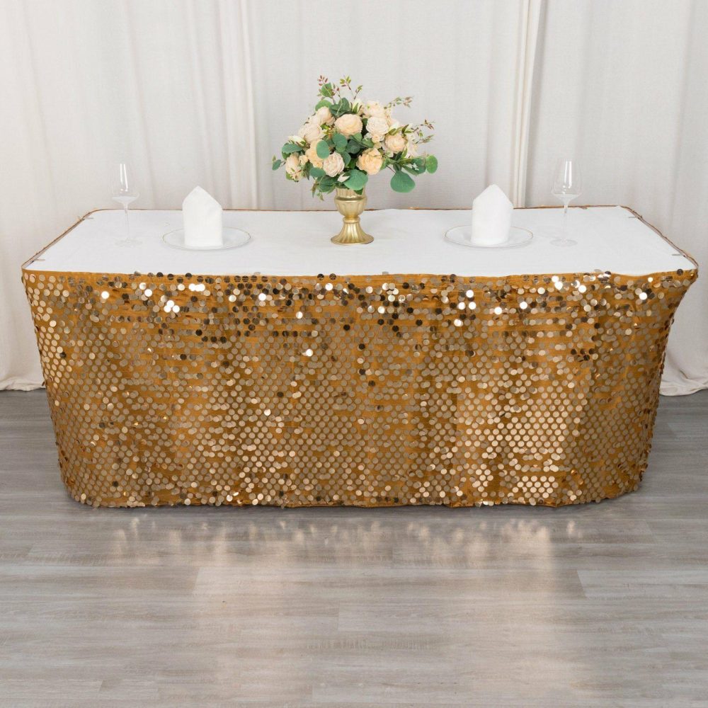 Gold Premium Big Payette Sequin Dual Layered Satin Table Skirt 21ft  |   Satin Shimmer Satin Shimmer Gold