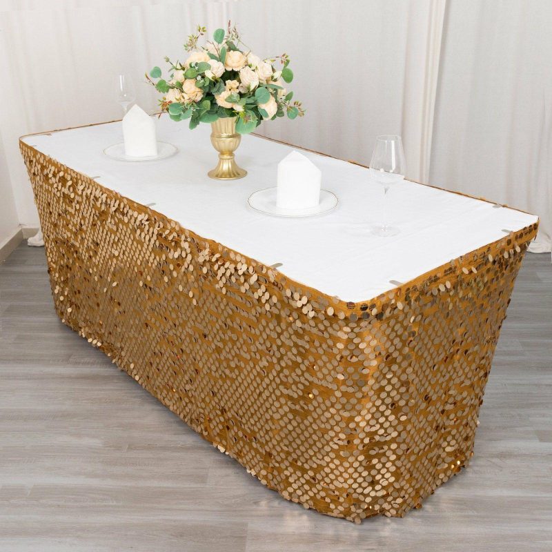 Gold Premium Big Payette Sequin Dual Layered Satin Table Skirt 21ft  |   Satin Shimmer Satin Shimmer Gold