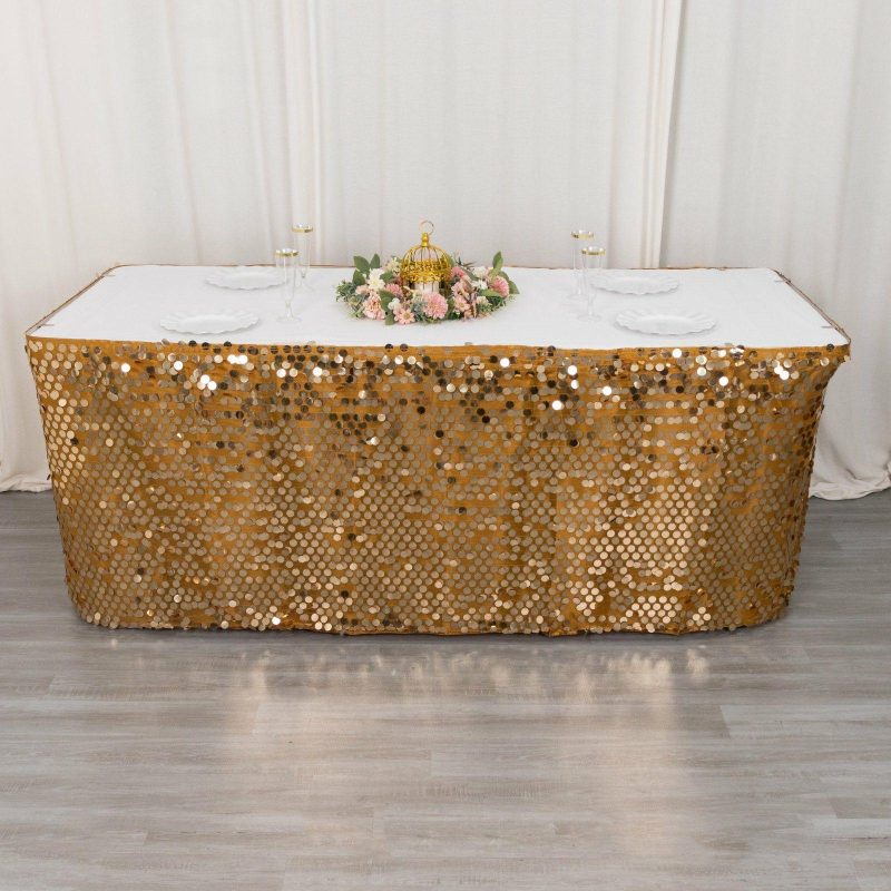 Gold Premium Big Payette Sequin Dual Layered Satin Table Skirt 21ft  |   Satin Shimmer Satin Shimmer Gold