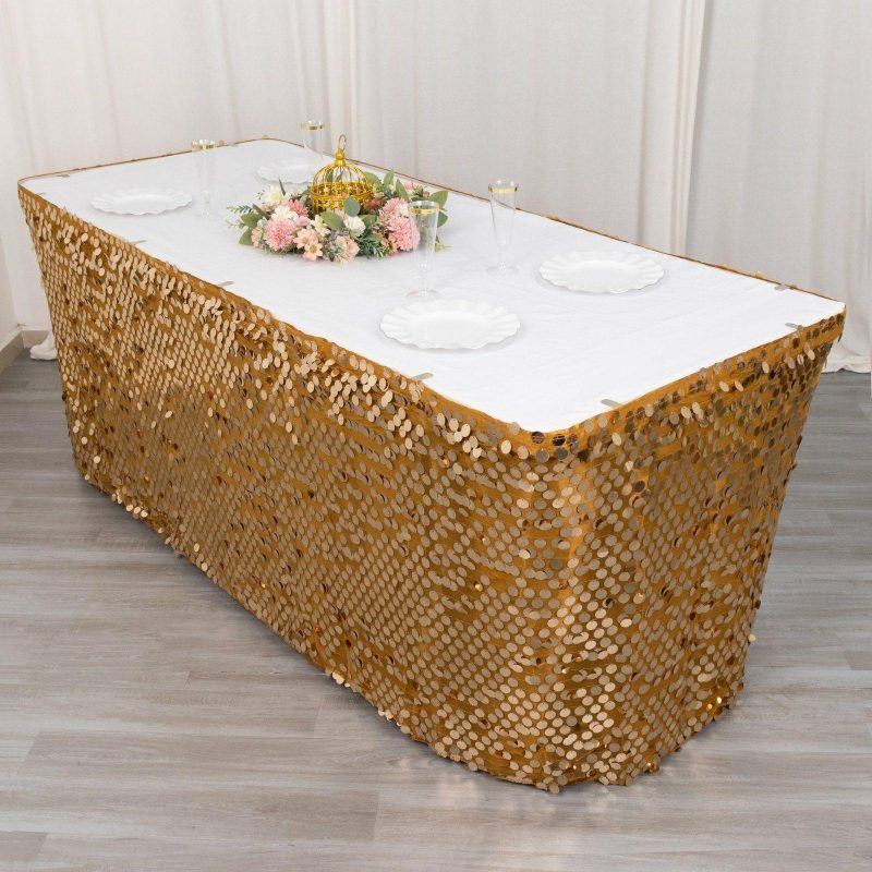 Gold Premium Big Payette Sequin Dual Layered Satin Table Skirt 21ft  |   Satin Shimmer Satin Shimmer Gold