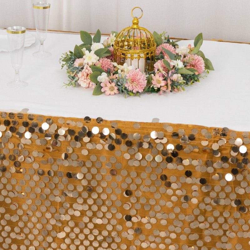 Gold Premium Big Payette Sequin Dual Layered Satin Table Skirt 21ft  |   Satin Shimmer Satin Shimmer Gold