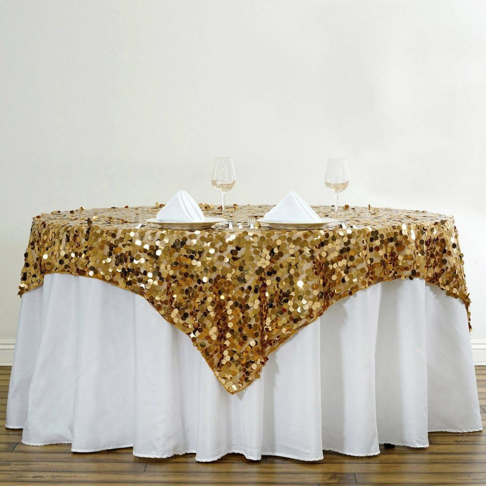 Gold Premium Big Payette Sequin Square Table Overlay 72″x72″  |   Sequin Sequin Gold