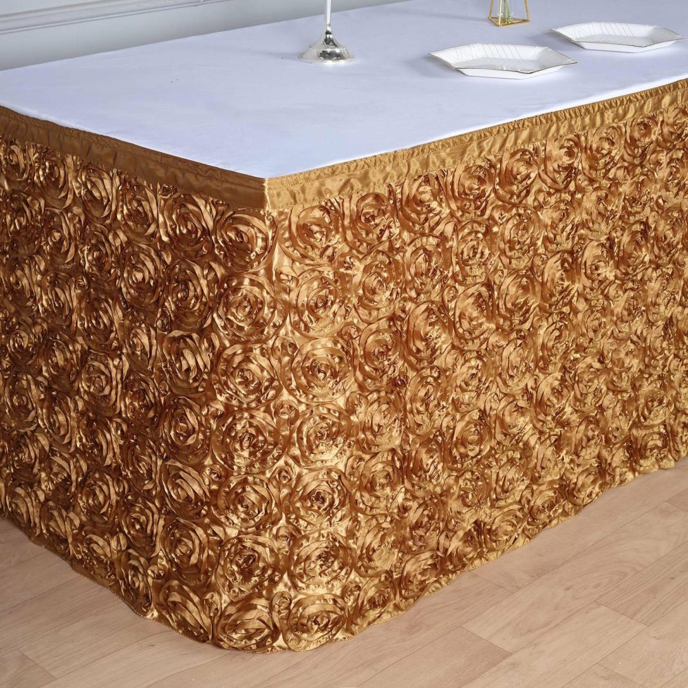 Gold Rosette 3D Satin Table Skirt 21ft  |   Satin Shimmer Satin Shimmer Gold