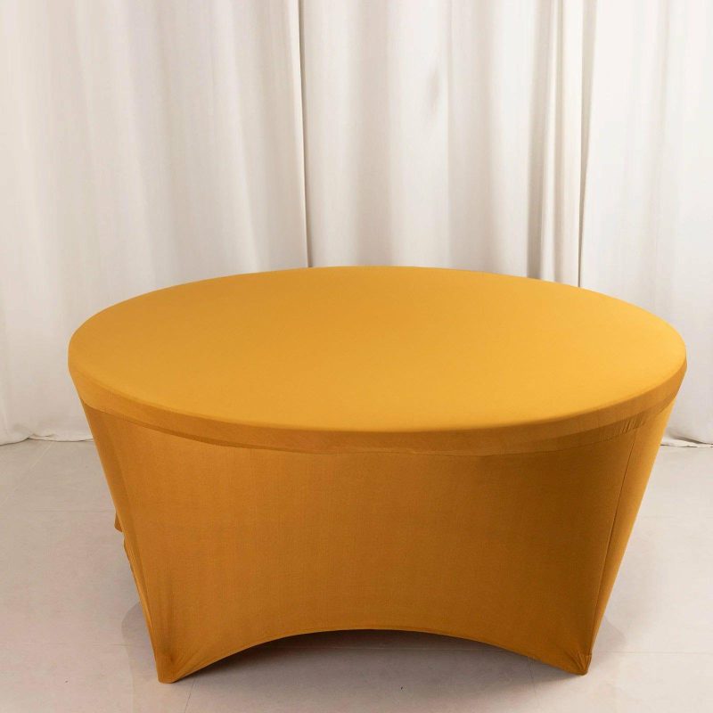 Gold Round Stretch Spandex Tablecloth 6ft Fitted Table Cover for 72 inch Tables  |   Spandex & Fitted Spandex & Fitted Gold