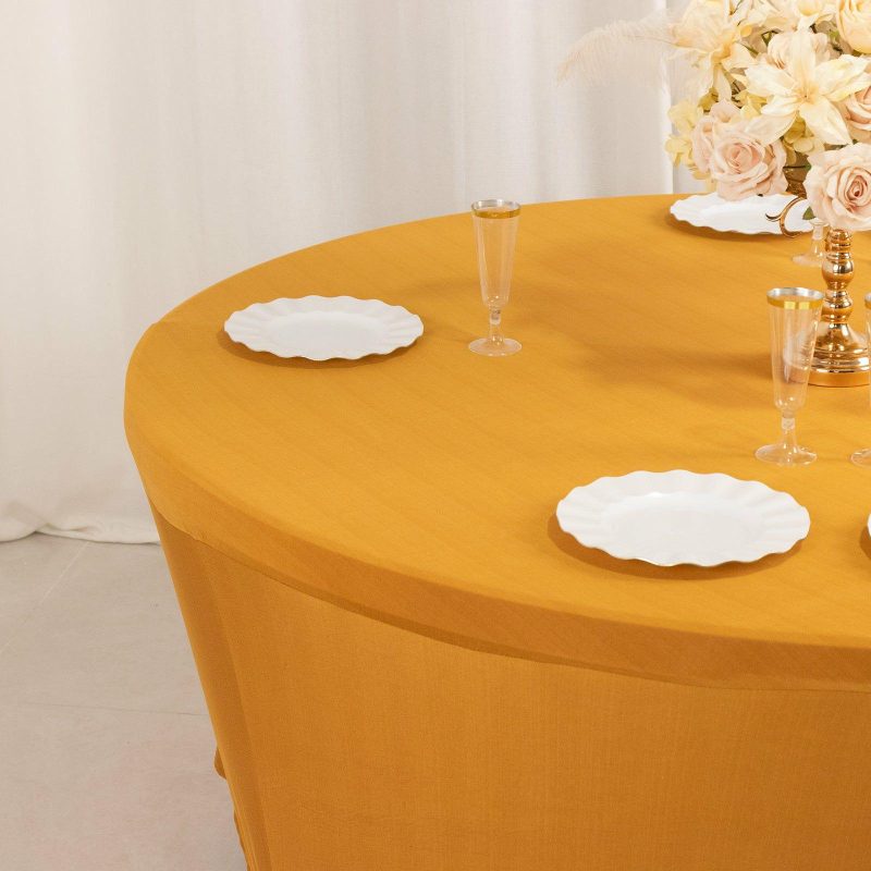 Gold Round Stretch Spandex Tablecloth 6ft Fitted Table Cover for 72 inch Tables  |   Spandex & Fitted Spandex & Fitted Gold