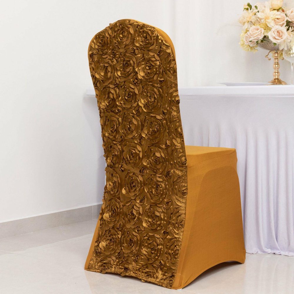 Gold Satin Rosette Spandex Stretch Banquet Chair Cover, Fitted Slip On Chair Cover  |   Spandex Fitted Banquet Chair Covers Gold